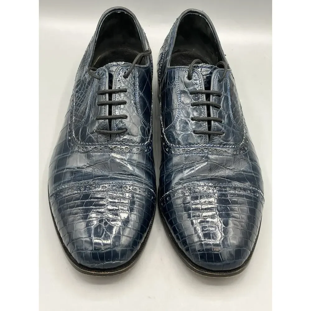 Vintage Bespoke Maylin Peninsula Hotel Hong Kong Navy Blue Alligator Shoes SZ 11
